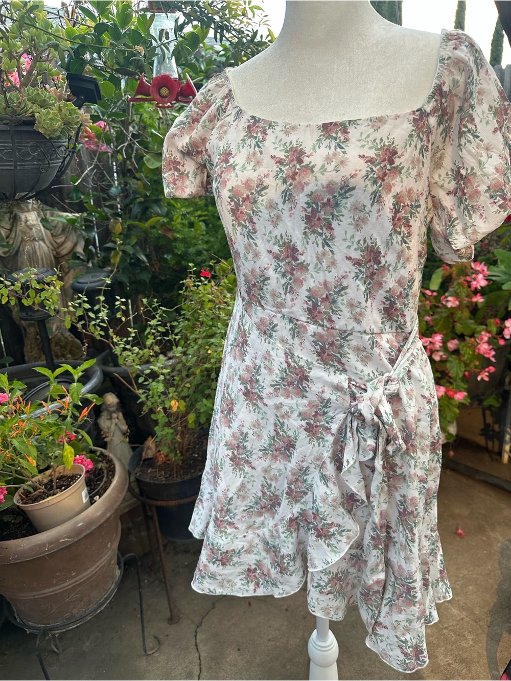 Source Unknown White Floral Mini Dress with Pink & Green Accents